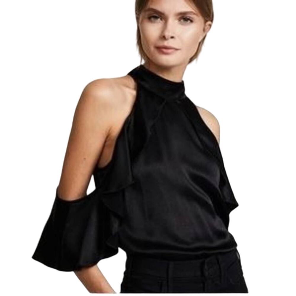 Ella Moss Black Cold-Shoulder Halter Ruffle Top